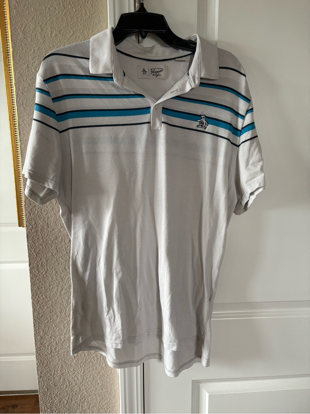 Original Penguin by Munsingwear White Polo with Blue and Black Stripes